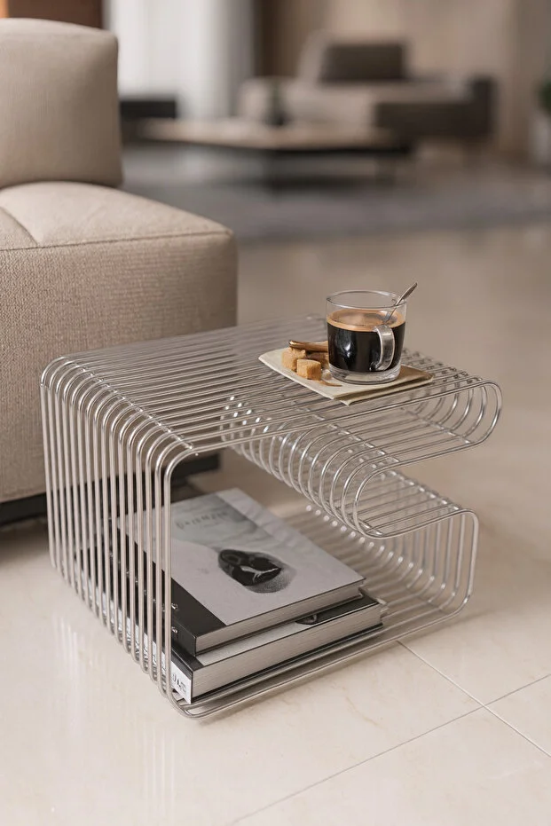 PARİS Gümüş Tel Metal Tasarımlı Modern Paslanmaz Yan Sehpa, Dekoratif Metal Sehpa PARİS Gümüş Tel Metal Tasarımlı Modern Paslanmaz Yan Sehpa, Dekoratif Metal Sehpa